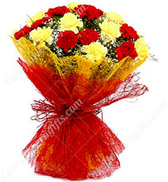 send 15 Red n Yellow Carnations Bouquet delivery