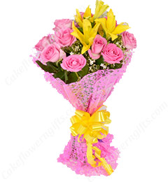 send Pink Roses n Yellow Lilies Bouquet delivery