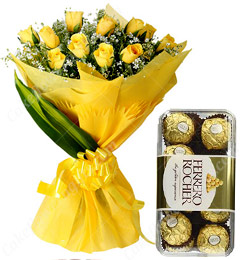 send Yellow  Roses Bouquet n Ferrero Rocher Chocolate delivery