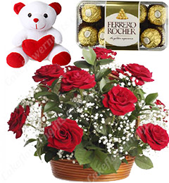 send Gifts of Red Roses basket n ferrero rocher chocolate n Teddy Bear delivery