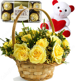 send Gifts of Yellow Roses basket n ferrero rocher chocolate n Teddy Bear delivery