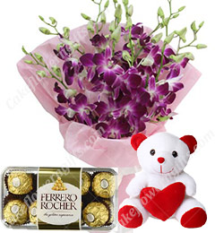 send Gifts of Orchids Bouquets n ferrero rocher chocolate n Teddy Bear delivery