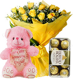 send Gift of 10 Yellow Roses Bouquets Ferrero Rocher Chocolate Teddy Bear delivery