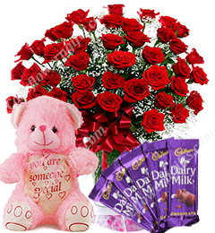 send Gift of 20 Red Roses Bouquets Chocolate Teddy Bear delivery