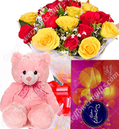 send Gift of 10 Red Roses Bouquets cadbury celebrations Teddy  delivery