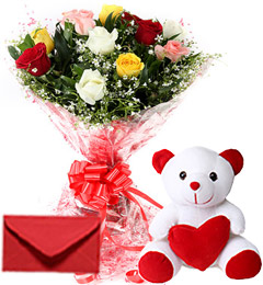 send 10 Mix Roses Bouquet N Cute Teddy delivery