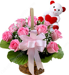 send 15 Pink Roses Basket n Teddy delivery