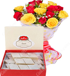 send Gift of 500gms Barfi Sweet Box n Red Yellow Roses  delivery