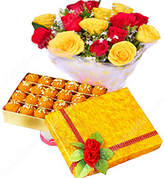 send Gift of 500gms Ghee Laddu Sweet Box n Red Yellow Roses  delivery