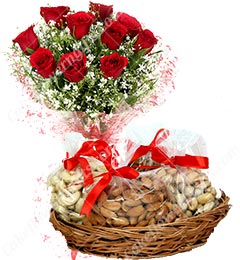 send  500 Gms Dry Fruits Gift box n Roses Bouquet delivery