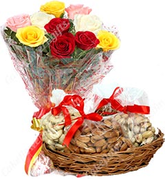 send  500 Gms Dry Fruits Gift box n Mix Roses Bouquet delivery