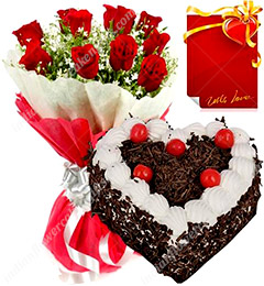 send 1kg Heart Shaped Black Forest Cake with Red Roses Bunch delivery