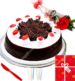 send 1Kg Black Forest cake Single Roses Candle Greeting Card delivery