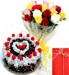 send Eggless Black Forest Cake with Mix Roses Bunch Card delivery