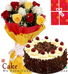 send 1Kg Black Forest Cake Roses bouquet n Greeting Card delivery