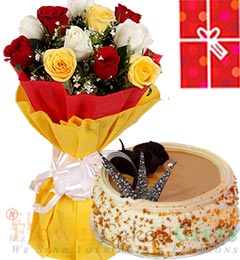 1Kg Butterscotch Cake Roses bouquet n Greeting Card
