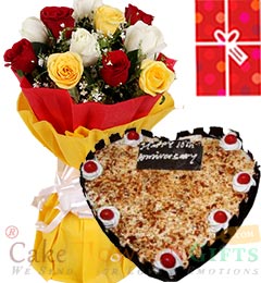 1Kg Butterscotch Heart Shape Cake  Roses bouquet n Greeting Card