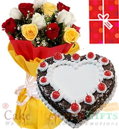1Kg Black Forest Heart Shape Cake Roses bouquet n Greeting Card