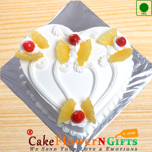 1Kg Heart Shape Pineapple Eggless Cake