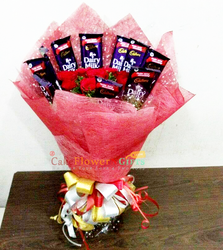 send Roses and dairy milk Chocolates Bouquet delivery