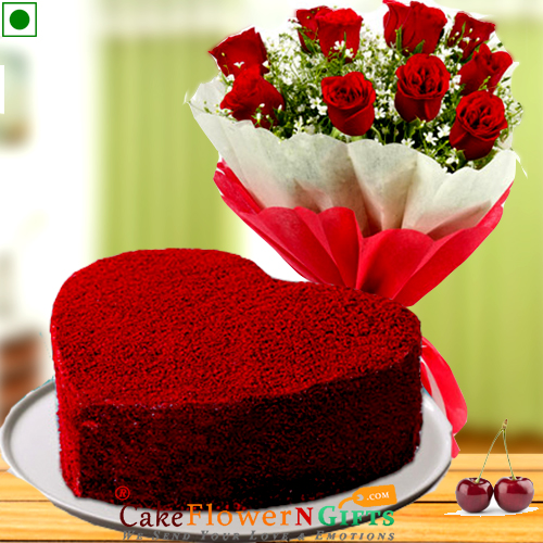 half kg Eggless heart shaped red velvet cake n roses flower bouquet