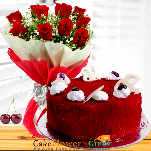 send 1 kg red velvet cake n roses flower bouquet delivery