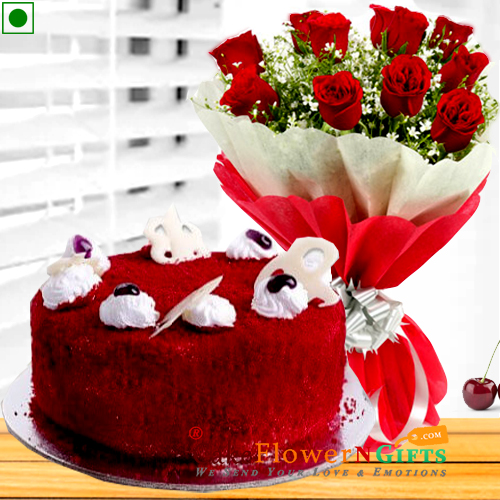half kg eggless red velvet cake n roses flower bouquet