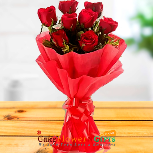 send 8 red roses paper packing bouquet delivery