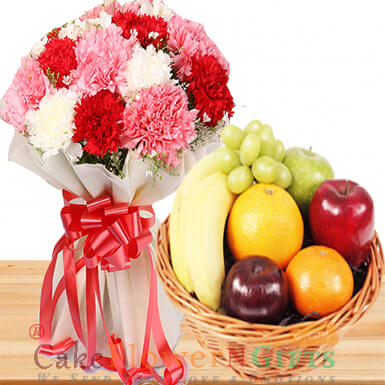 send 2kg seasonal mixed fruit basket n 10 mix carnation flower bouquet delivery
