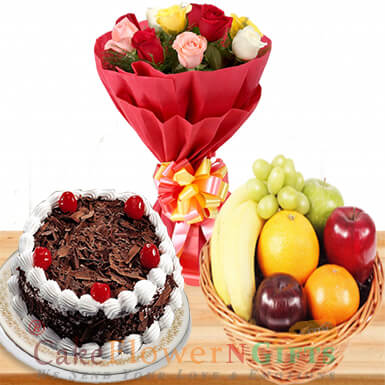 send half kg Black forest cake 2 kg fresh fruit basket n 10 roses bouquet delivery