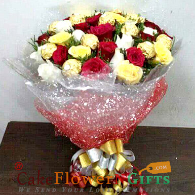send 16 mix roses bouquet n 16 ferrero rocher chocolates bouquet delivery