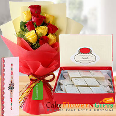 send mix roses n half kg assorted sweet box n rakhi delivery