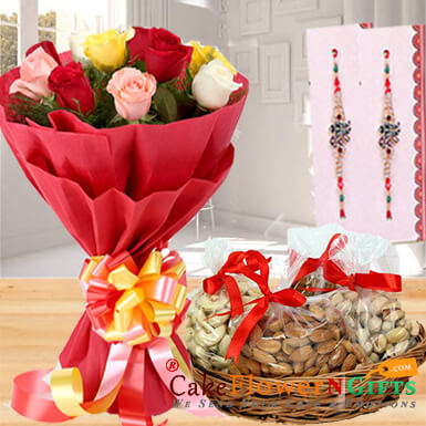 send half kg dry fruits roses bouquet n rakhi delivery