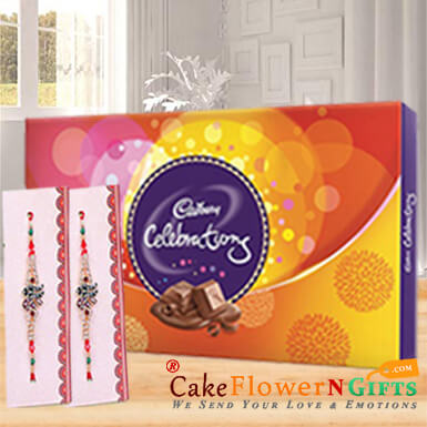 send 2 Designer Rakhi and Cadbury Celebration Pack delivery