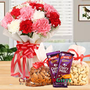 send carnation bouquet n dry fruit n chocolate n rakhi delivery