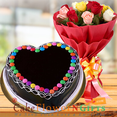 send half kg chocolate truffle gems heart shape cake and 10 roses bouquet delivery