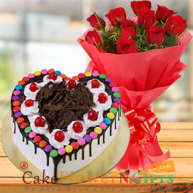 send half kg black forest gems heart shape cake and roses bouquet delivery