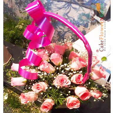 send romantic 25 pink roses basket delivery