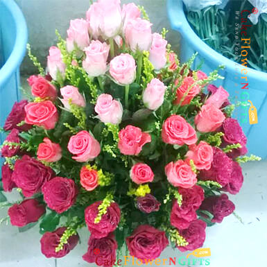 send romantic mix 50  pink roses basket delivery