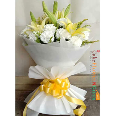 send romantic white carnations and lilies bouquet delivery