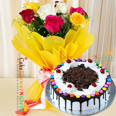 send half kg black forest gems cake and roses bouquet delivery