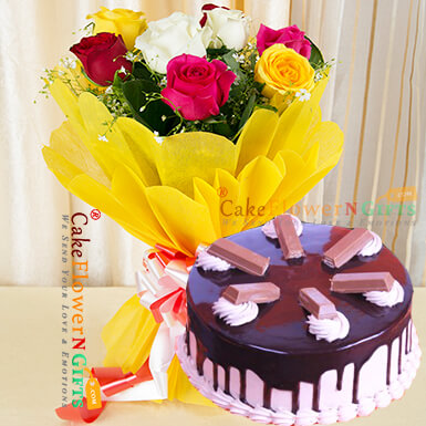 send half kg eggless kitkat chocolate cake 10 mix roses delivery