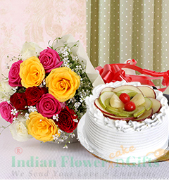 send 1kg mix fruit cake and 10 roses bouquet delivery