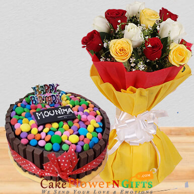 send 1kg kitkat gems chocolate cake n mix roses  delivery