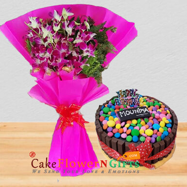send half kg kitkat gems chocolate heart shape cake n orchids bouquet delivery