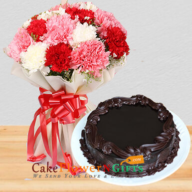 send Mix Carnations Bouquet Eggless Chocolate Cake delivery