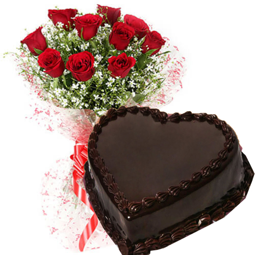 send eggless half kg heart shape chocolate truffle cake n 10 red roses bouquet delivery