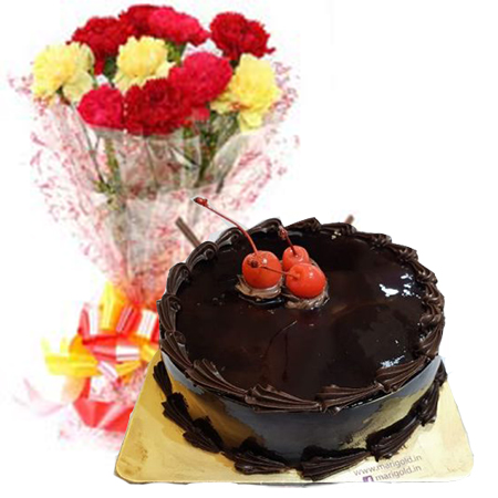send Chocolate Truffle Cake Half Kg N Carnations Bouquet delivery