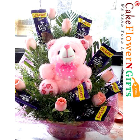 send pink roses teddy chocolate bouquet delivery