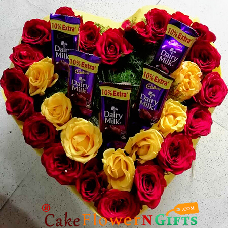 send dairy milk chocolate and rose flower heart shape arrangement delivery